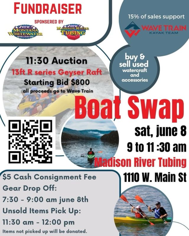 BOAT SWAP!☝️Buy & sell used watercrafts and accessories. Come check it out June 8th at @madisonrivertubing in downtown Bozeman across from Bozeman High School. 15% of sales support @wavetrainkayakteam 🎉 #boatswap #buyboats #sellboats #rafts #kayaks #sups #communityevent #downtownbozeman #fortheloveofboating